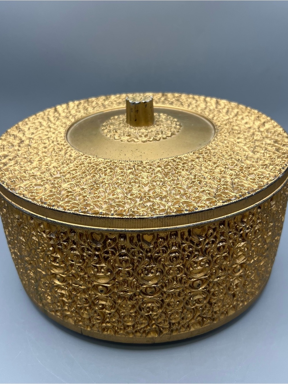 Vintage Round Footed Sewing Box Hollywood Regency Rococo Plastic Filigree MCM